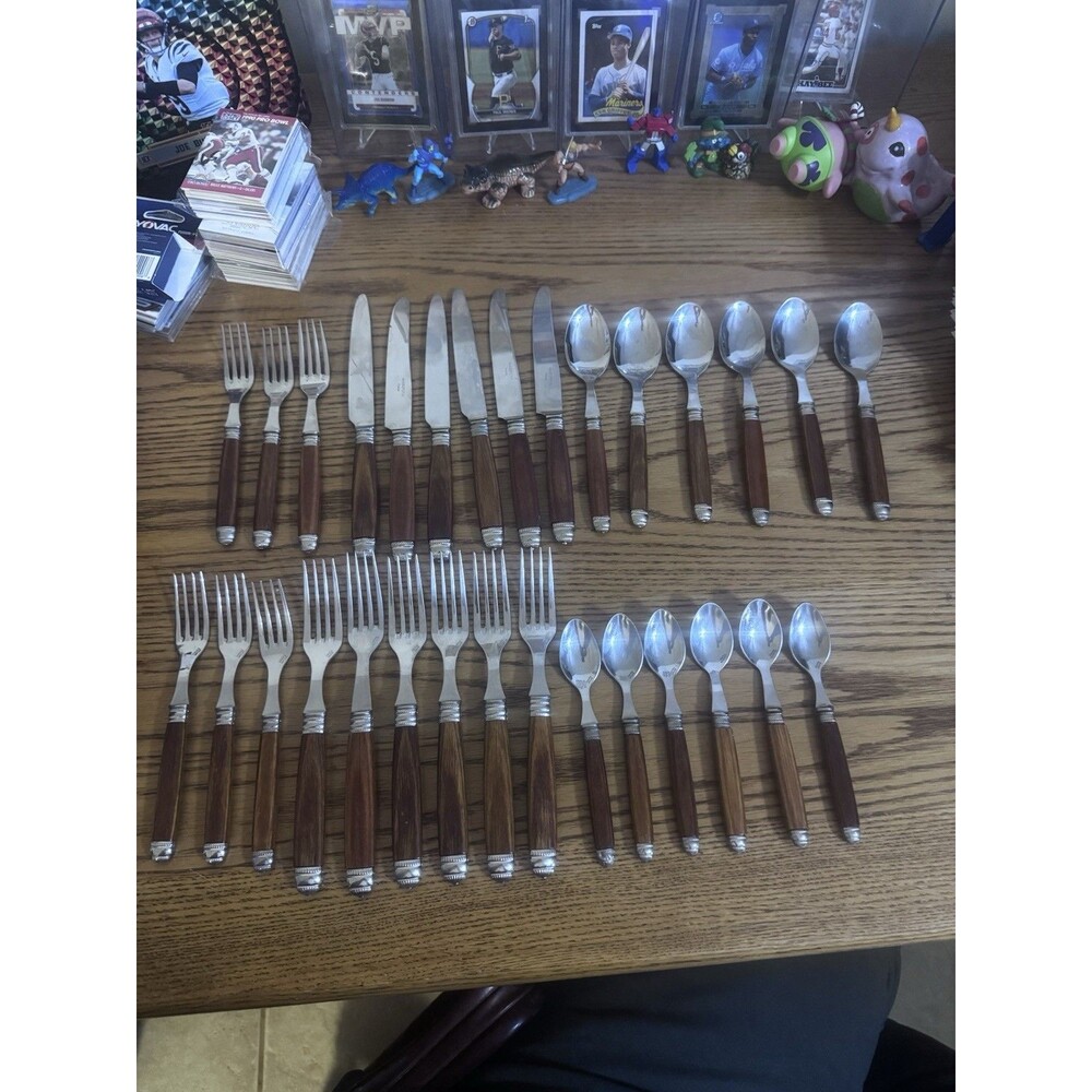 SCOF Mariposa France Recamier Teak Flatware Silverware Set 30 Pc Service For 6